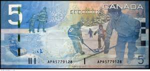 Winter scene on Canadian $5 bill. Image via allnumis.com