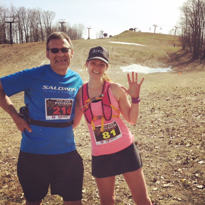 Caron and I after finishing. You will notice runners on the course coming down the hill to their finish! :)